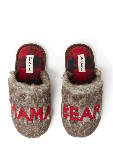 Made with mama bears in mind, these charming slippers are a must for those cozy nights in with the whole family Classic plaid patterning and felt applique combine for an eye-catching touch, while super soft memory foam insoles offer cloudlike support throughout the day. . Dearfoam mama bear slippers